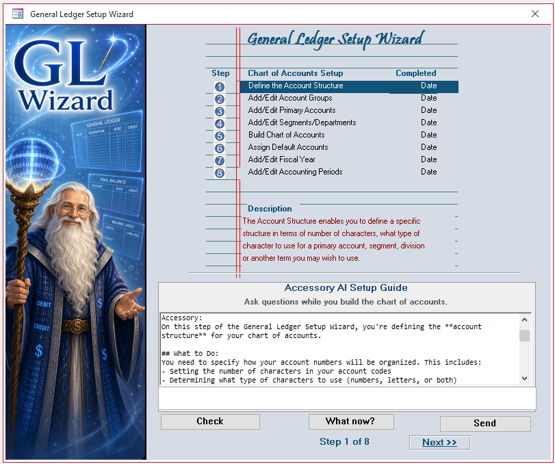 Accessory Accounting General Ledger setup wizard with embedded AI setup guide