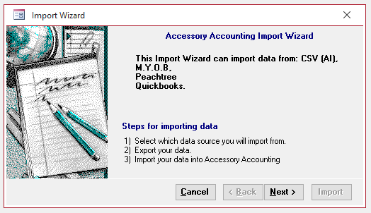 Accessory Accounting import wizard screen
